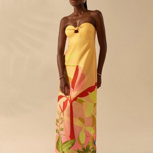 Multicolor Boho Womens Tropical Print Sleeveless Hollow Knot Tube Top Dress - Picture 4 of 7